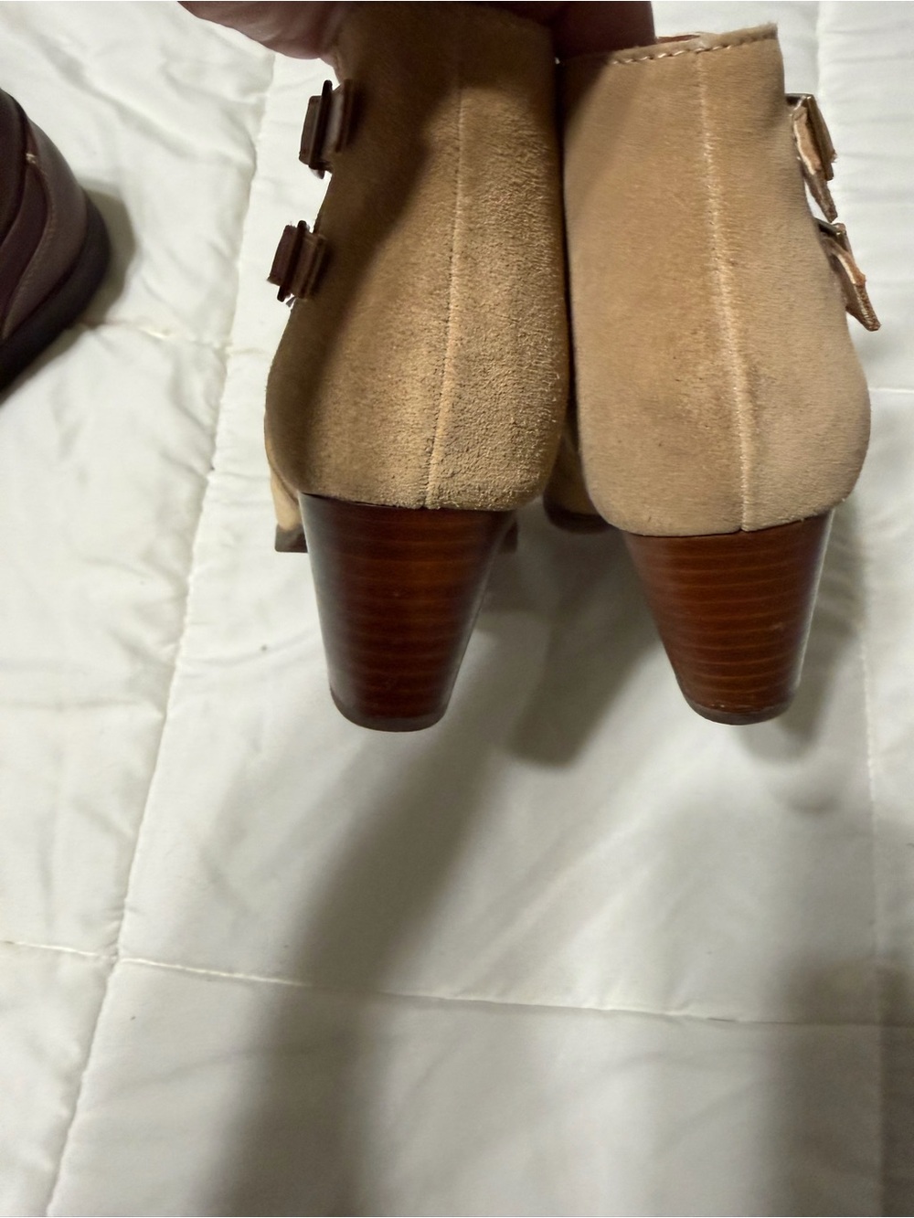 Vionic Tan Suede Perforated Peep-Toe Booties with Side Buckle - Picture 4 of 8